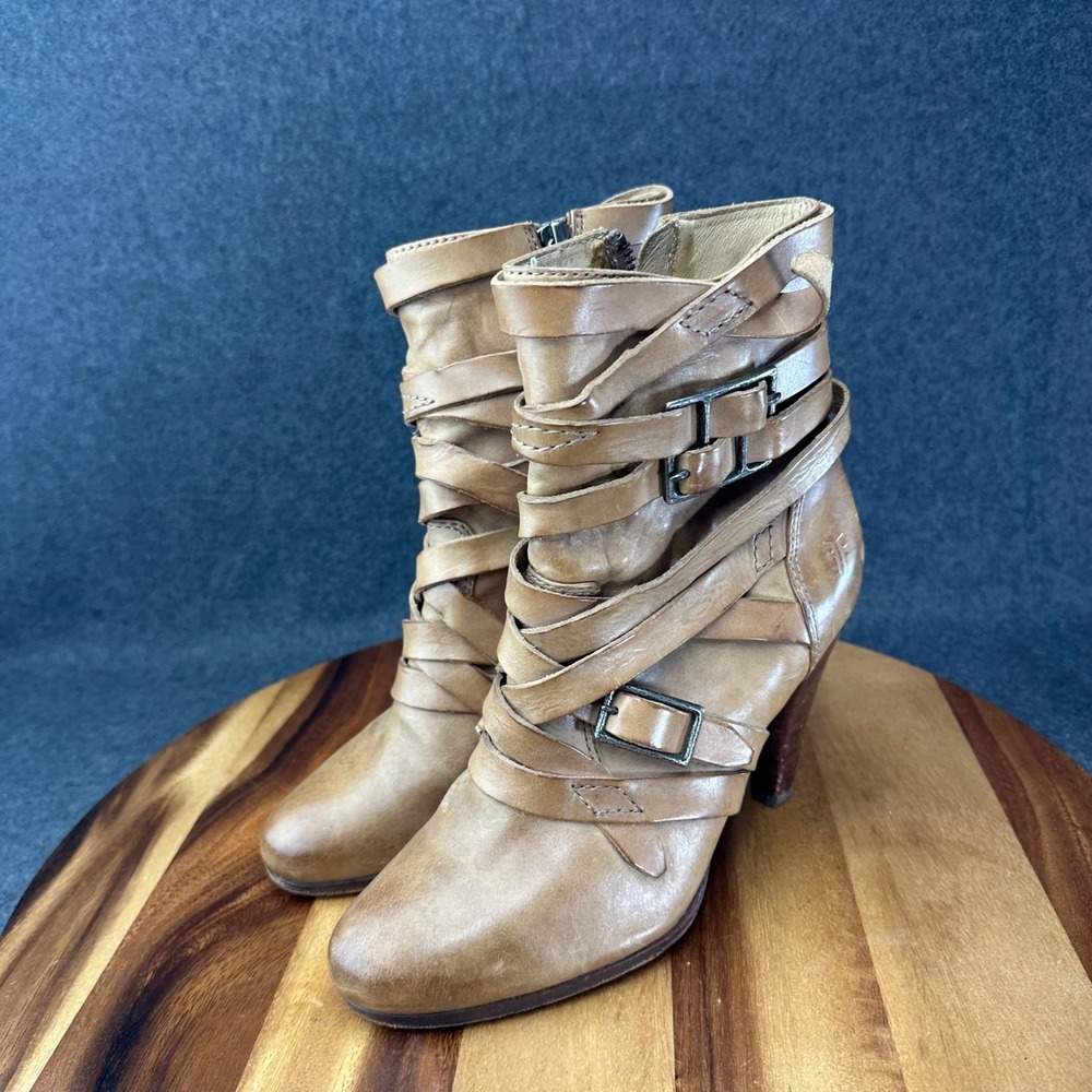 Frye Mikaela Strappy Tan Leather Strap Buckle Ankle Boots Womens 8.5 3475541-GRY - Picture 6 of 12